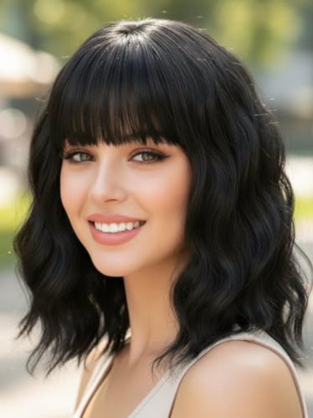 Natural Black Wigs with Bangs Short Bob Wig Shoulder Length Synthetic Hair